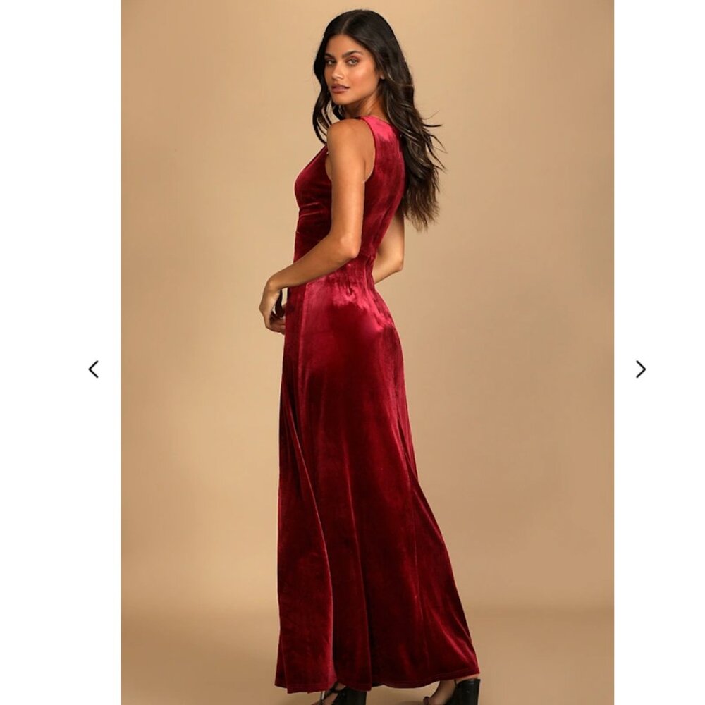 Spring Wedding Guest Dress | Lulus Wine Red Velvet Sleveless Maxi Dress | XL - Picture 2 of 3